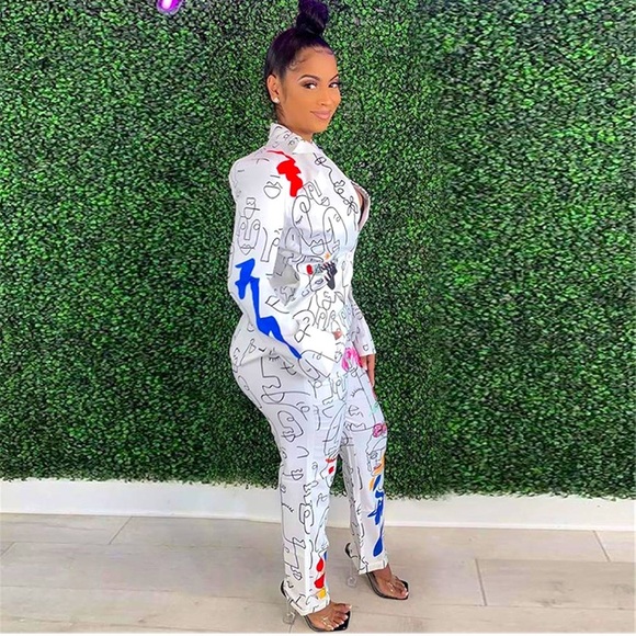 Graffiti Print Blazer Suit Pants Set Nightclub Tracksuit Outfit Set XL - Picture 1 of 8
